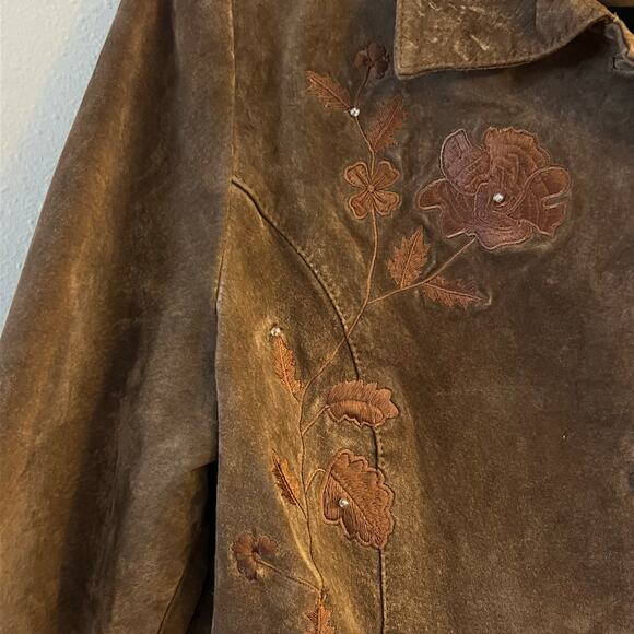 Montanaco Leather Suede Jacket Chocolate Brown Floral Embroidered Woman’s Large - Picture 6 of 7
